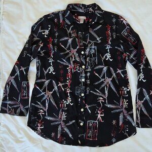 Chico Size 1 Asian Print Black Red Button Front Tunic